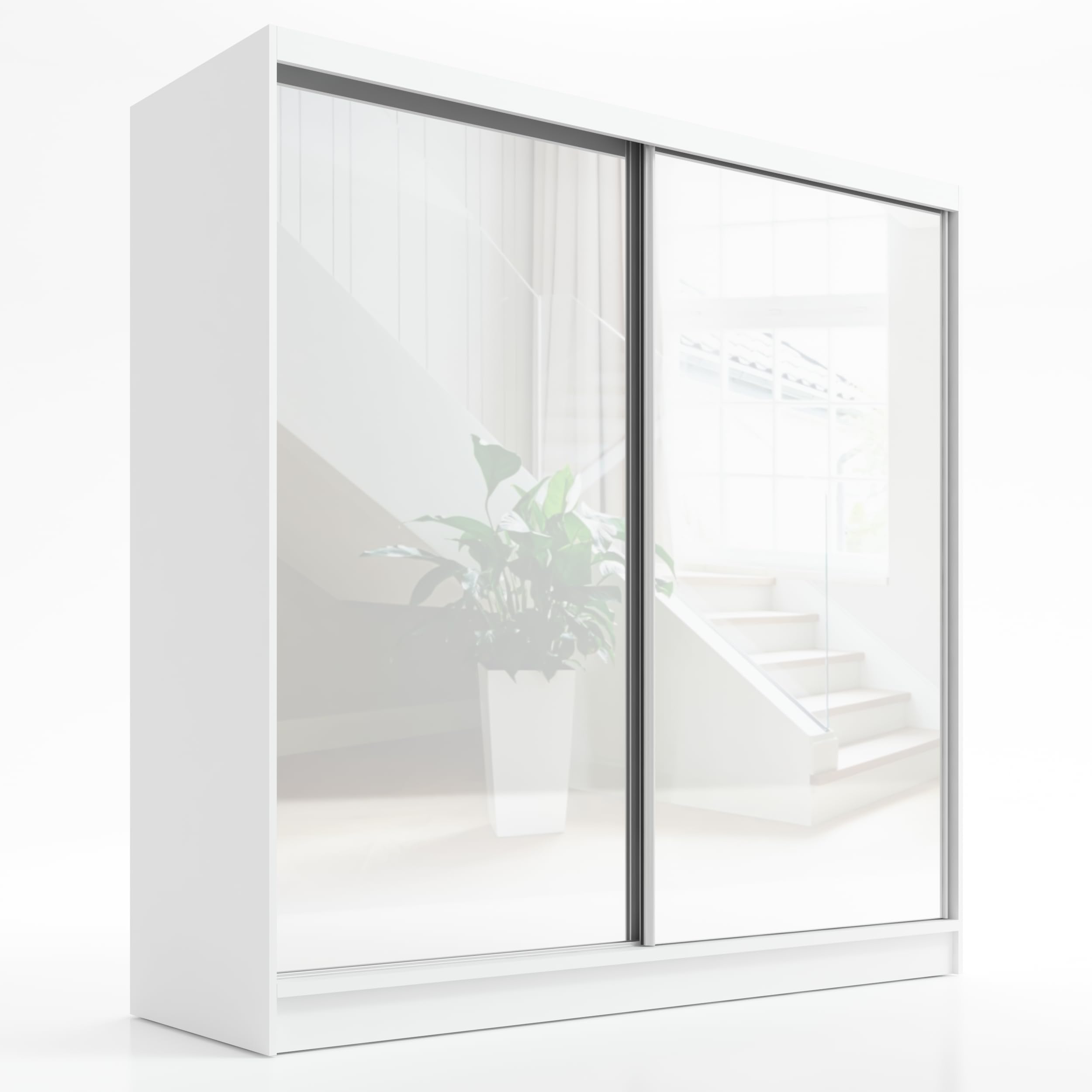 A&J MöbelLand Schwebetürenschrank Ivar Kleiderschrank 200 cm mit Spiegel und Schubladen, moderner Schlafzimmerschrank mit Schiebetüren (Weiß)