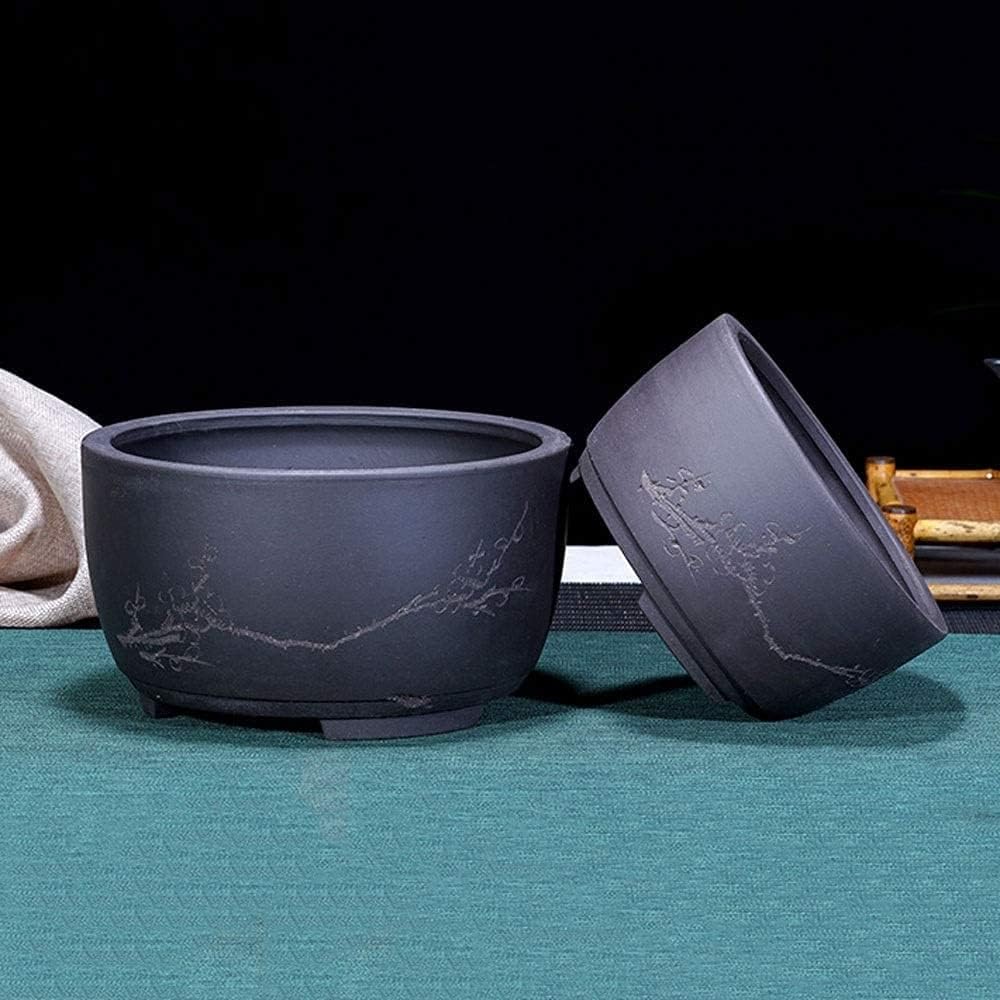 Generico Vaso bonsai tradizionale cinese in ceramica nera opaca con foro di drenaggio, fioriera rotonda floreale incisa for piante grasse da interno, decorazioni for la casa