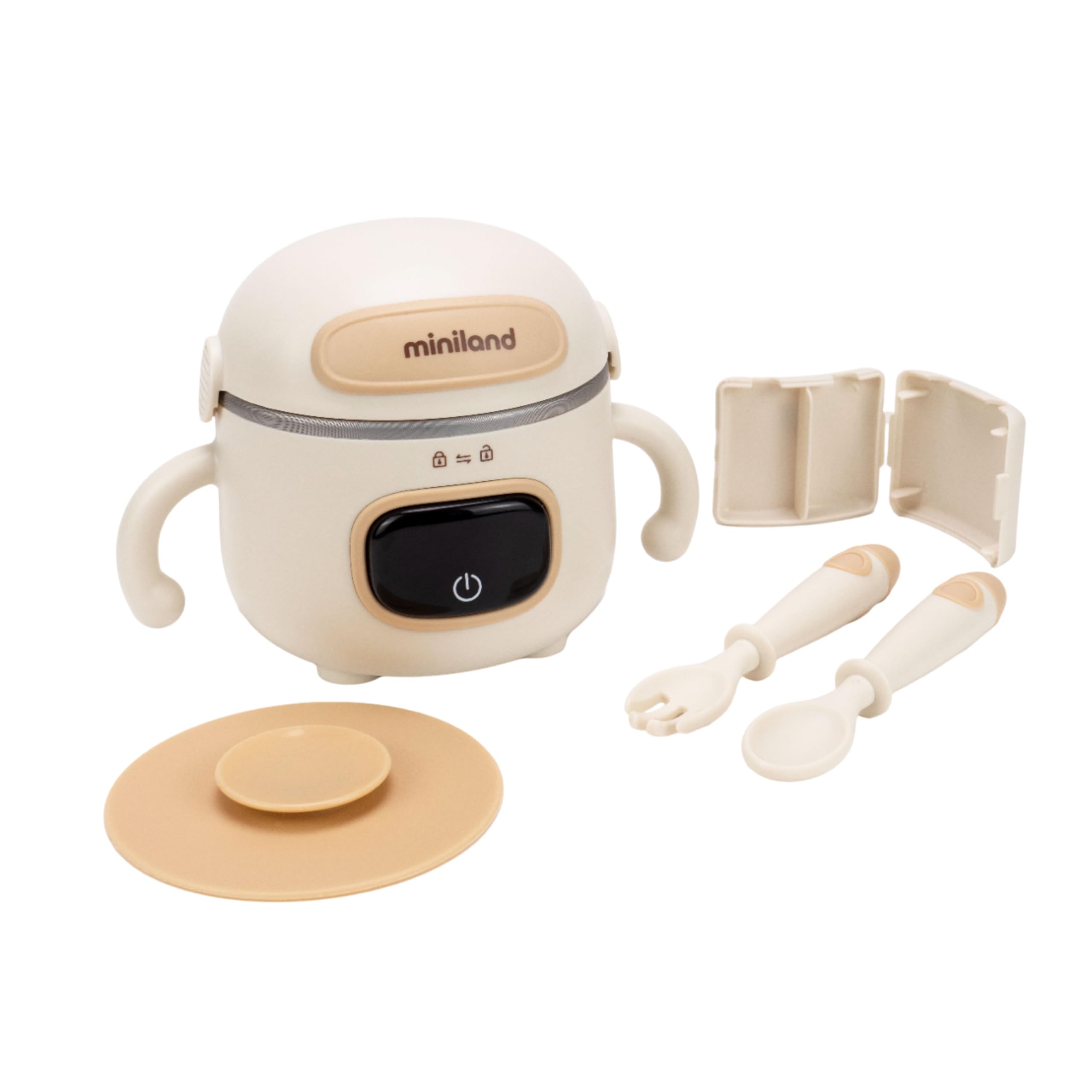 Miniland Scaldabiberon Portatile Senza Fili 7500mAh, Scalda Pappa Portatile Neonato da Viaggio e Scaldavivande a Batteria, Kit Svezzamento con Posate, Display LED, 3 Temp | Warmy Food On the Go