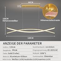 Mikeru 120 cm Szabályozható Függőlámpa - Arany Minimál Mennyezeti Világítás 3 Színhőmérséklettel, Távirányítóval Nappaliba, Konyhába 2