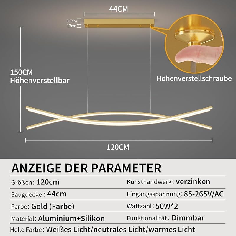 Mikeru 120 cm Szabályozható Függőlámpa - Arany Minimál Mennyezeti Világítás 3 Színhőmérséklettel, Távirányítóval Nappaliba, Konyhába