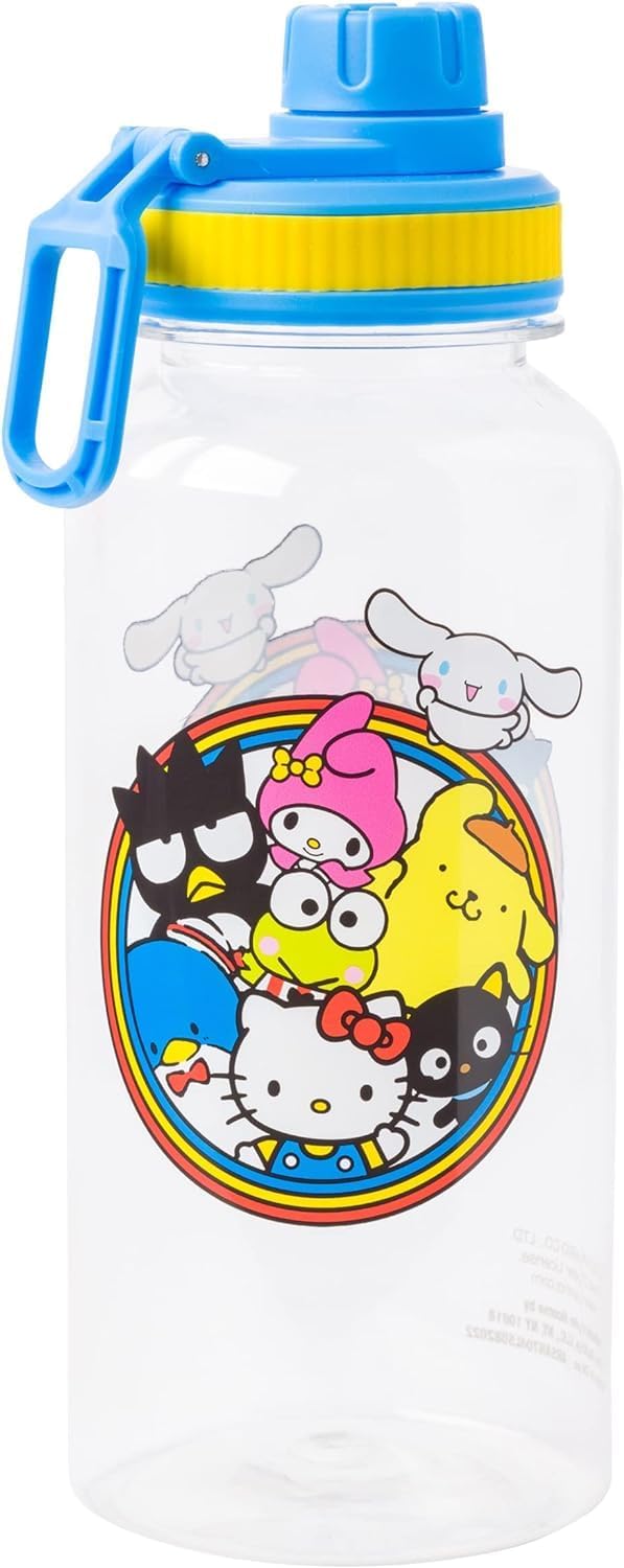 Silver Buffalo Sanrio Hello Kitty and Friends Featuring Badtz-Maru, Pompompurin, Keroppi, My Melody, Tuxedo Sam, Cinnamoroll, and Chococat Plastic Bottle with Sticker Set, 32 Ounces - Image 2