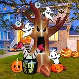 8 Ft Halloween Inflatables Outdoor Decorations - Outdoor Spooky Halloween Tree with Blow up Ghosts, Eyeballs, Pumpkins, Cauldron & Witch Legs - Built-in LED Lights for Outdoor Lawn Decor