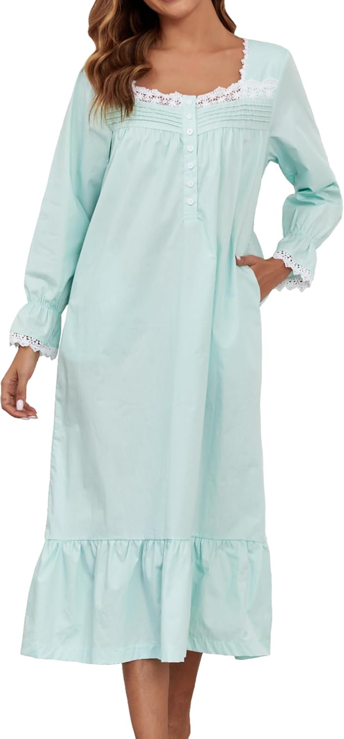 Viakeo 100% Cotton Nightgowns For Women Victorian Night Gown Long Sleeve House Dress With Pockets S-3XL