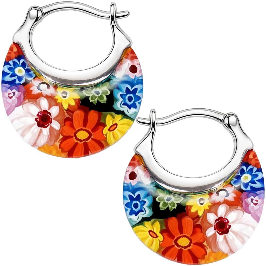 Murano Style Millefiori Glass Hoop Earrings for Women - Floral Colorful Flower Statement Hoops, Stainless Steel Costume Jewelry Teacher Anniversary Birthday Gifts 11.6g