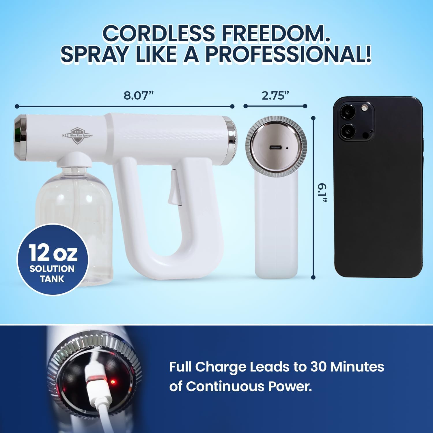 Professional K12 Nano Spray Gun with Blue Light, Atomizer Sprayer & Nano Steam, Cordless & Rechargeable Barber Spray Gun for Fine Mist Sprayer, Handheld & Portable for Home, Salon, Office & Travel Use
