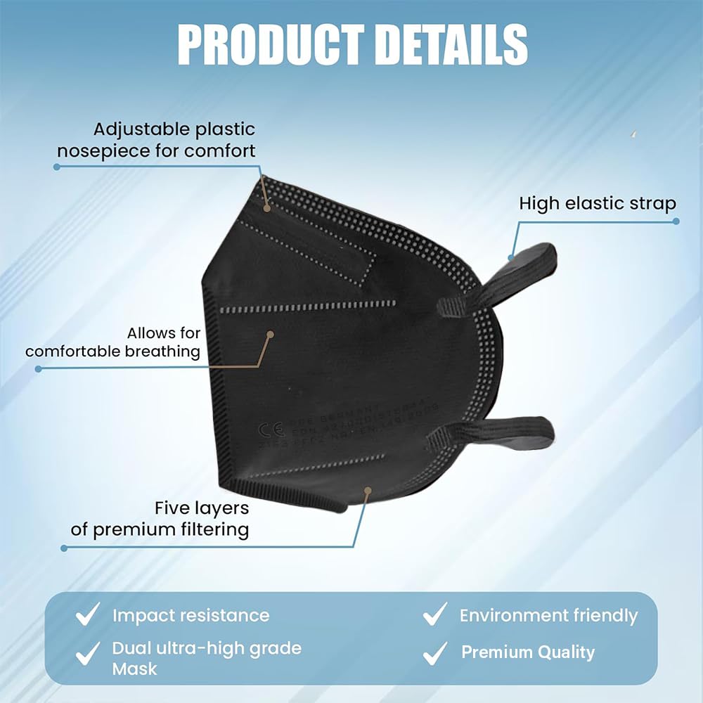 Yugan Non Woven fabric Premium FFP2 N95 Mask with Adjustable Nose Clip for Men & Women, Reusable Mask, Anti Pollution Mask, CE Approved, Advanced Filtration, Black Colour (Pack of 5) - Image 4 thumbnail