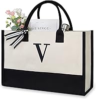 Vista 492 de TOPDesign Personalized Initial Canvas Beach Bag, Monogrammed Gift Tote Bag for Women Negro y marrón