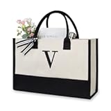 TOPDesign Personalized Initial Canvas Beach Bag, Monogrammed Gift Tote Bag for Women