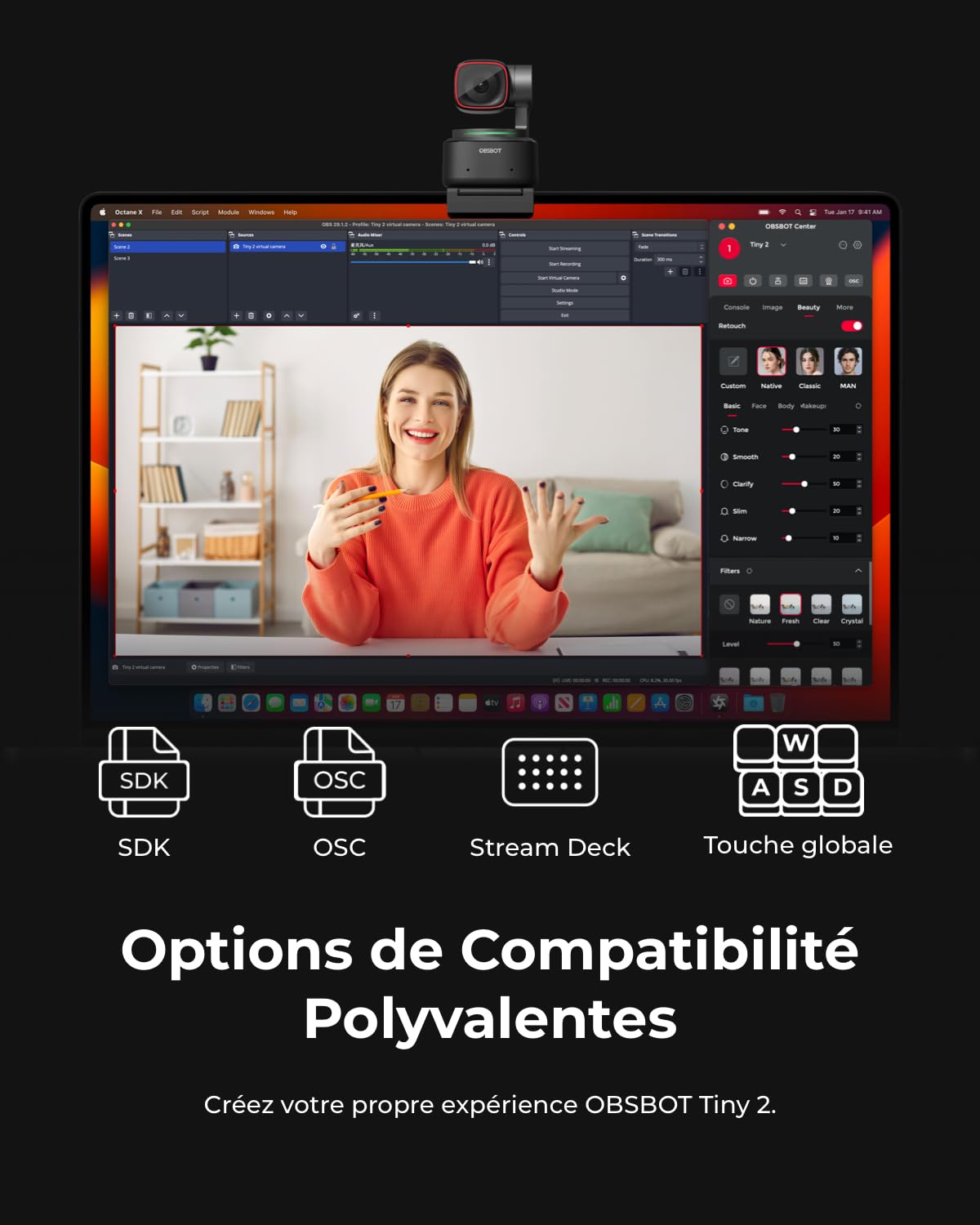 OBSBOT Tiny 2 Webcam 4K Commande Vocale PTZ, Suivi IA Multi-Mode, Autofocus