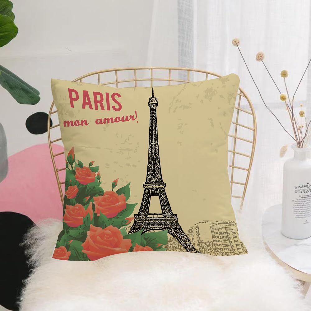 HYOSXW Cushion Cover,Throw Pillow Case Home Decorative for Living Room Bedroom Sofa Chair 16X16 Inch,Paris, Vintage Style Paris Illustration with Nostalgic Roses and Eiffel Mon,Pillowcase 40X40cm