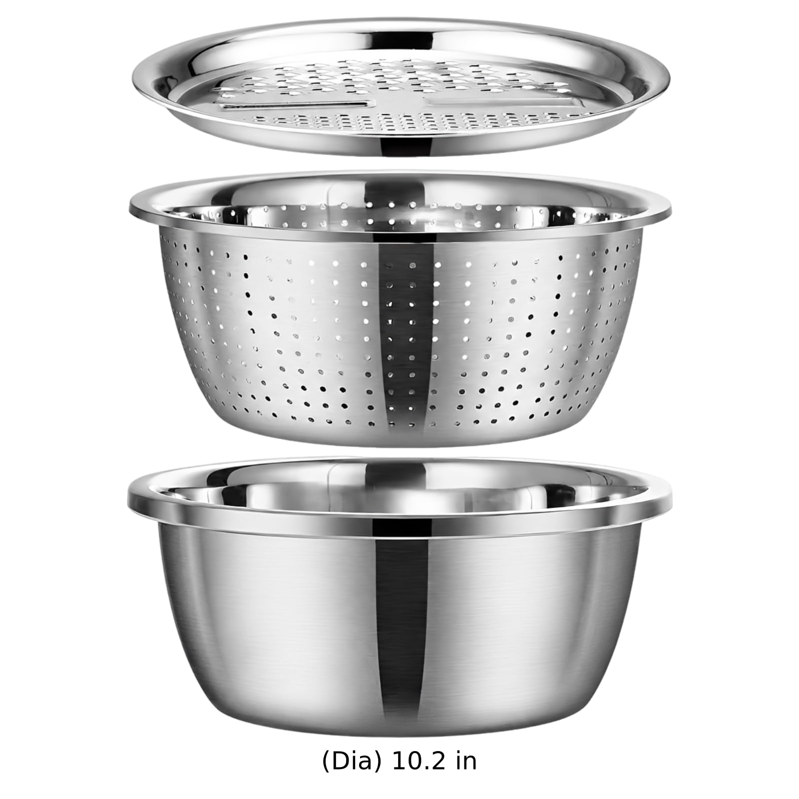 3-in-1 Edelstahl-Reibeset, 10,2 Zoll multifunktionales Küchen-Set aus Edelstahl mit Schneiddeckel, Abtropfsieb und Rührschüssel, stapelbar, spülmaschinengeeignet, zum Waschen und Abtropfen von Obst
