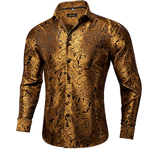 DiBanGu Men's Silk Paisley Dress Shirt Formal Long Sleeve Button-Down Casual Shirts for Wedding Party2