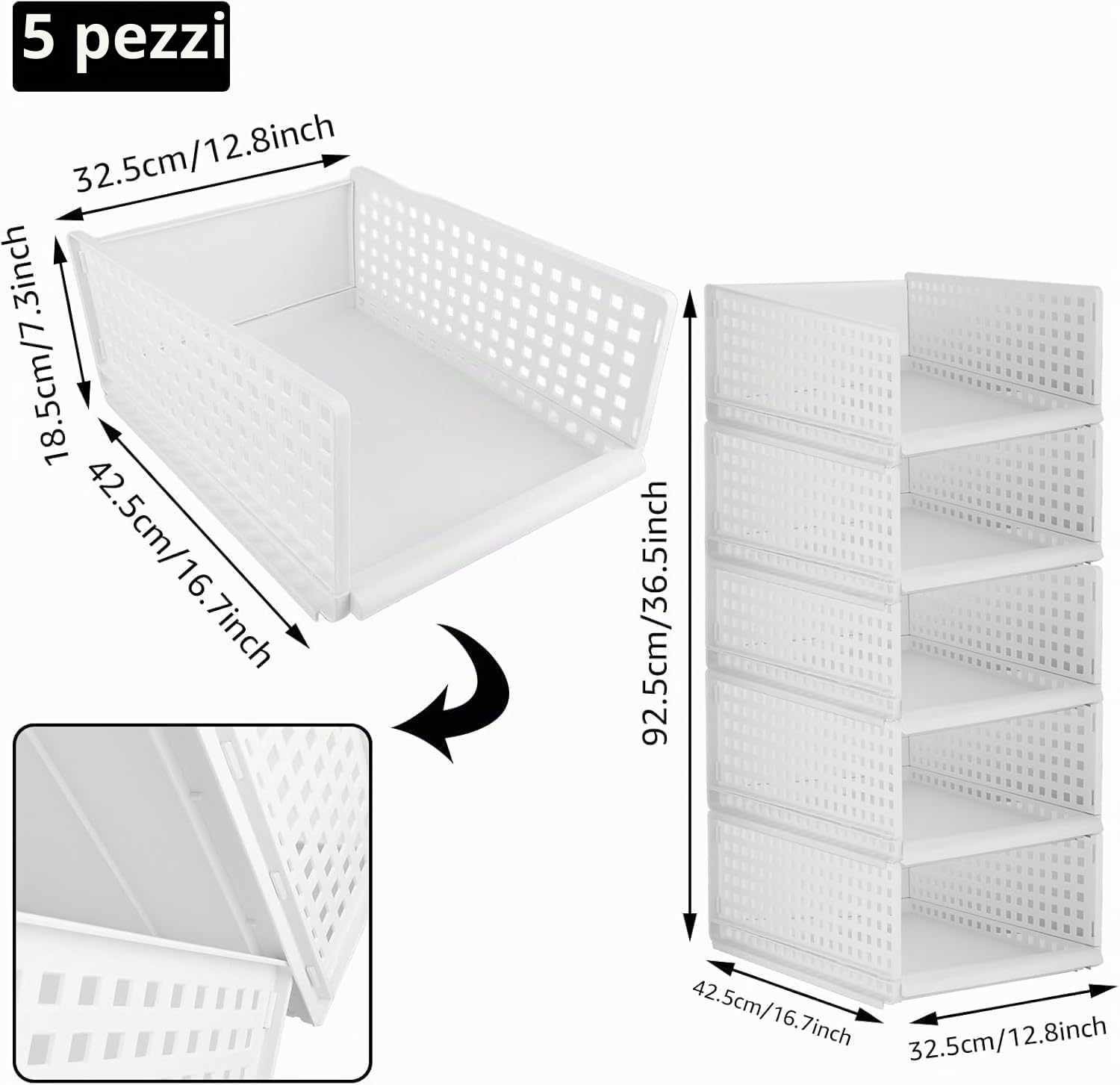 YOUNTHYE Organizer Armadio 5 Pezzi Cassetti per Armadio Interno Pieghevole Scatole Contenitori Impilabili per Vestiti Bianco 42.5x33.5x18CM