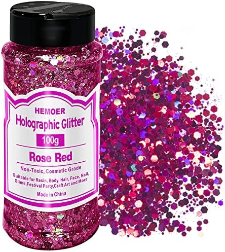 HEMOER Holographic Chunky Glitter, 100g Silver Chunky Sequins Glitter, Cosmetic Craft Glitters for Resin, Face, Nail, Body, Crafts, Slime Festival Party Art and More-3.52oz/Bottle