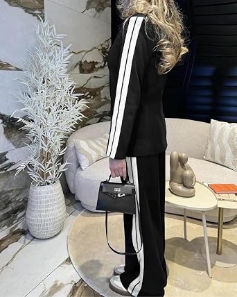 CHICME Womens Two Piece Outfits Striped Side Button Blazer and Pants with Pockets Sets Business Casual Pant Suits Set