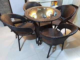Evergeen D-12 Chairs Table Set 4+1 Wicker Patio Furniture Sets 4 Chair and 1 Table with Cushions for Garden Balcony Bedroom Powder Coated Frame Uv Protected Wicker (Brown) AC_17