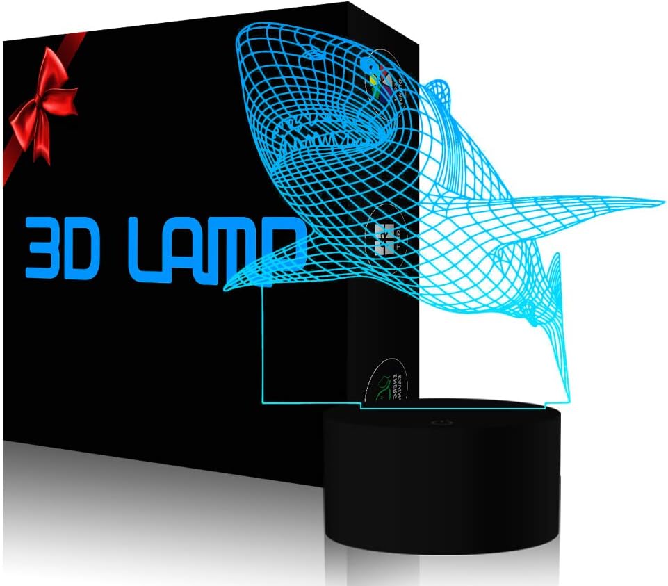 YKLWORLD 3D Shark LED Night Light Touch Switch Illusion Table Lamp 7 Color Changing USB Powered for Home Bed Room Bar Party Festival Decor Kids Birthday Creative Gifts Toys
