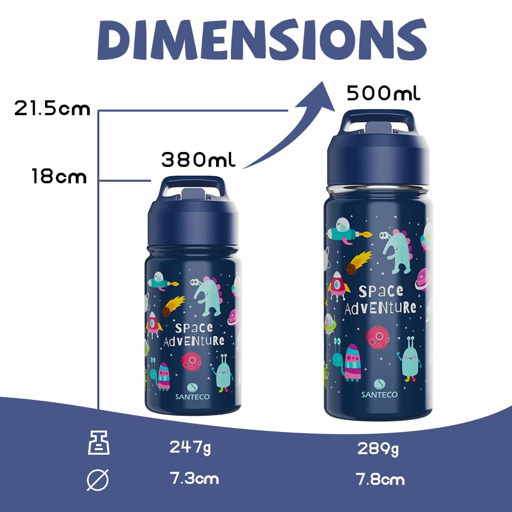 SANTECO Borraccia Bambini Acciaio Inox, Senza BPA, 500ml Borraccia Termica a Prova di Perdite con Cannuccia per Scuole, Facile da Pulire