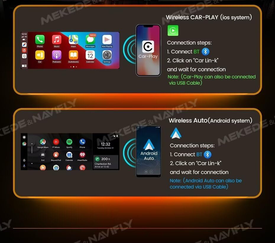 Car stereo display showing wireless CarPlay and Android Auto connection steps.