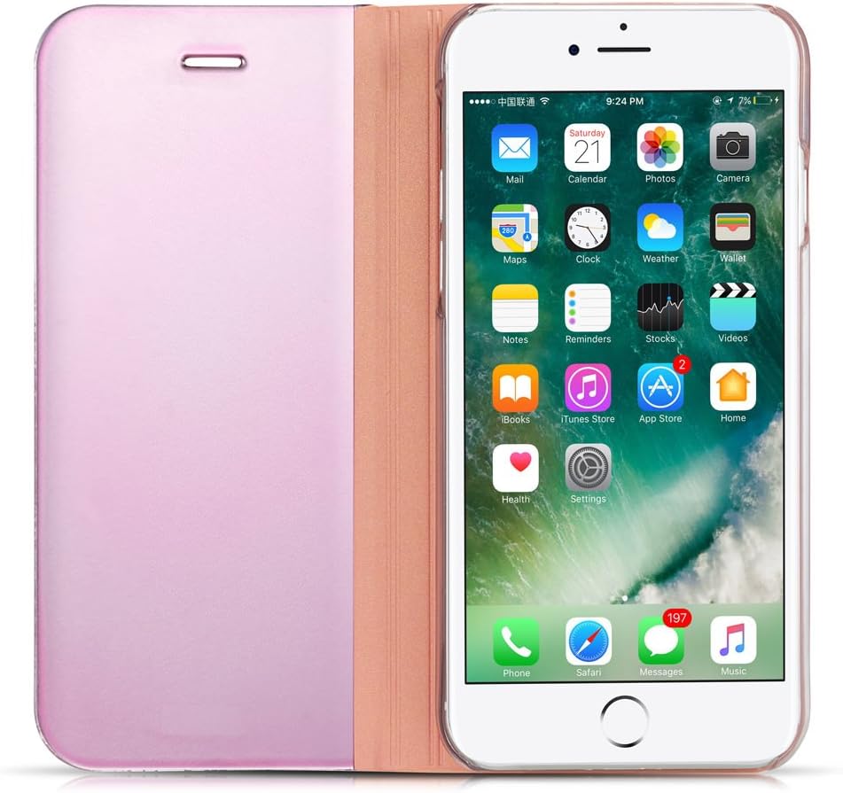 QLTYPRI iPhone 6 6S iPhone 7 iPhone 8 Case, Ultra Slim PC Shell PU Leather Back [Perspective] [Mirror] Semi-Transparent Cover Flip Case for iPhone 6/6S/7/8 - Rose Gold
