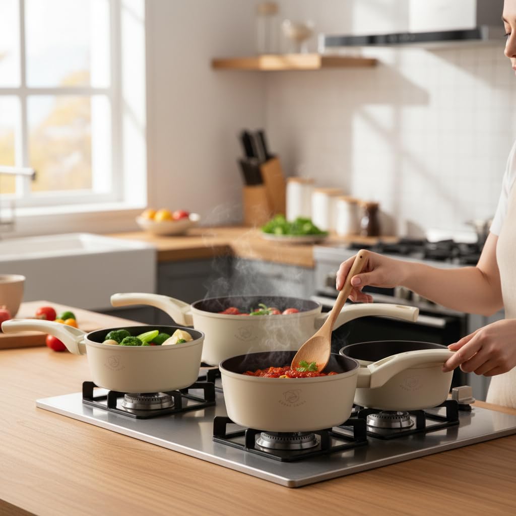 Royal Swiss® 5-teiliges Töpfe-Set mit abnehmbarem Griff | Kochtöpfe 14/16/18/20 cm + Universal-Glasdeckel | Induktionsgeeignet, Platzsparendes Kochset für alle Herdarten (Beige, normal)