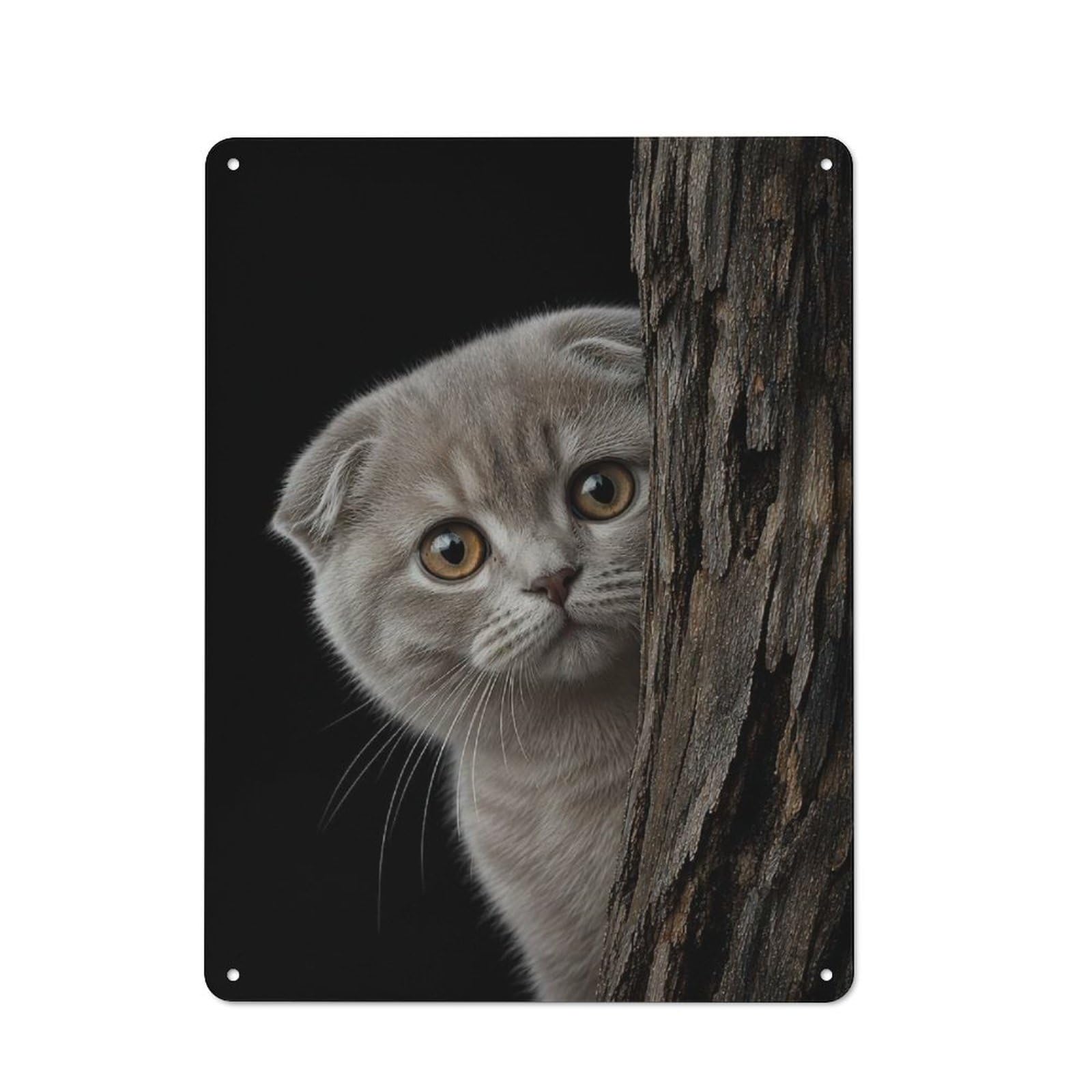 Retro Metal Sign 40x30cm Featuring Scottish Fold Kitten Peeking from Behind Tree for Bar Or Restaurant, for Bar Decor Enthusiasts