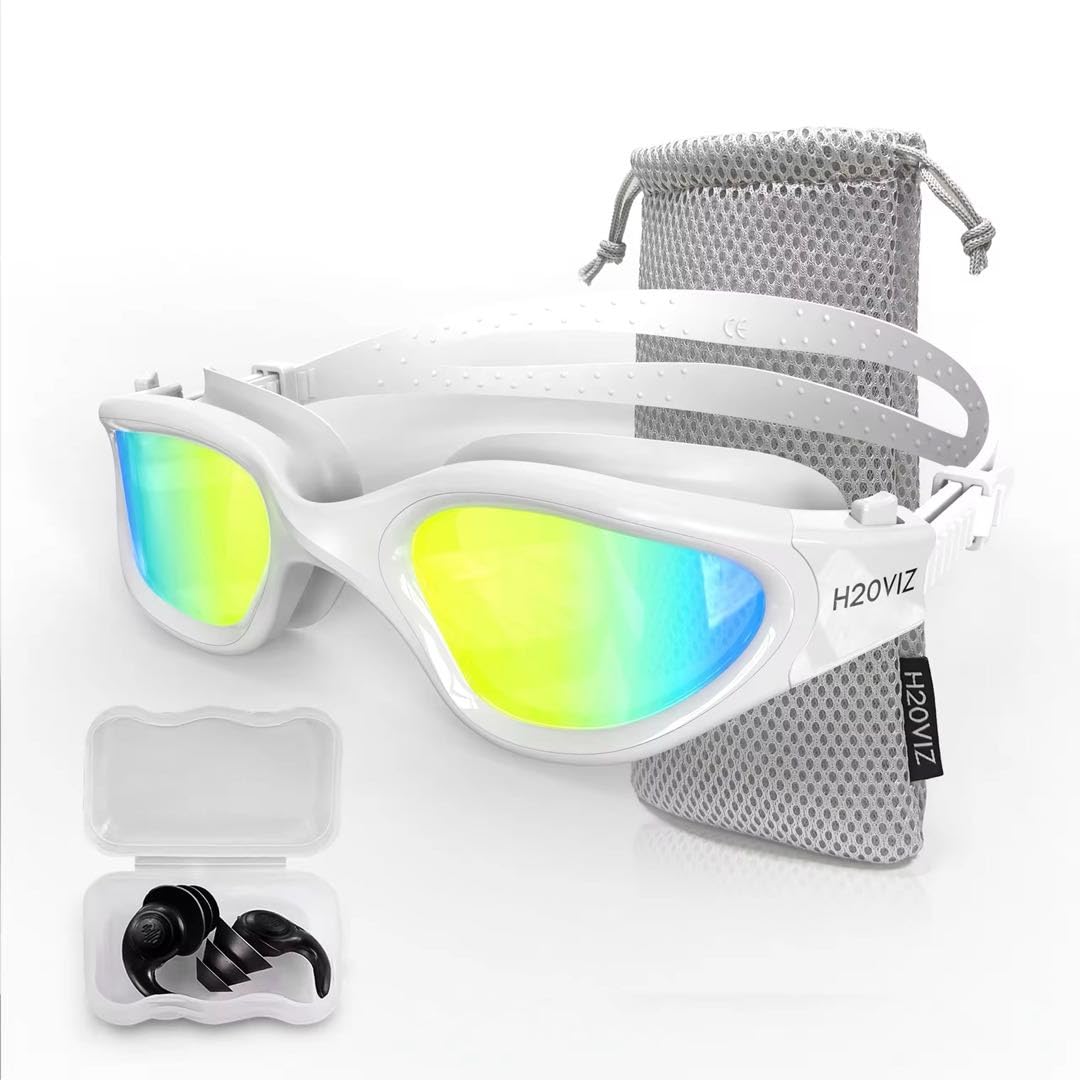 H20VIZ Swimming Goggles | Polarised, Anti-Fog, UV400 Protection, Anti-Leak, Includes Pro Swim Ear Plugs | Men Women Teens (All White - Gold)