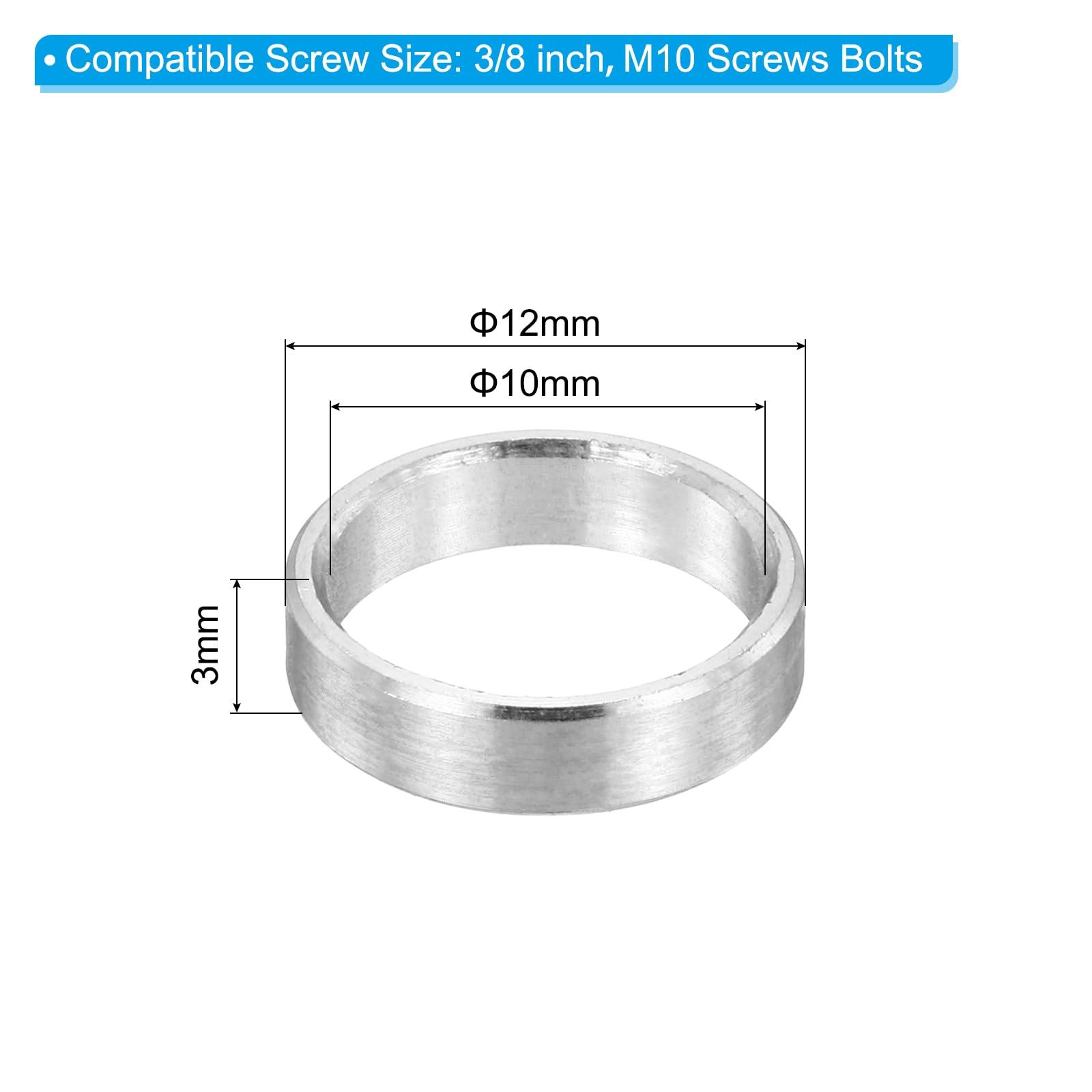 PATIKIL M10 Stainless Steel Spacers, 12Pcs Metal Spacer 10mm ID x 12mm OD x 3mm L Screw Standoff for 3/8" or M10 Screw - Image 2