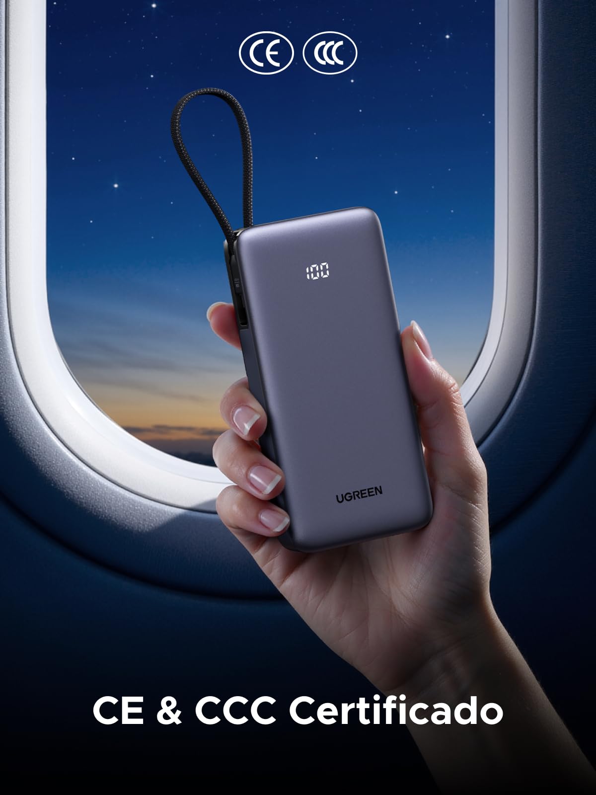 UGREEN Nexode 55W Power Bank 20000mAh CCC Batería Externa Carga Rápida Cable USB C Integrado PD 45W Cargador Portátil PC LED Compatible con Xiaomi Note 15 14 13 Poco M8 M7 iPhone 17 16 Galaxy S26 S25