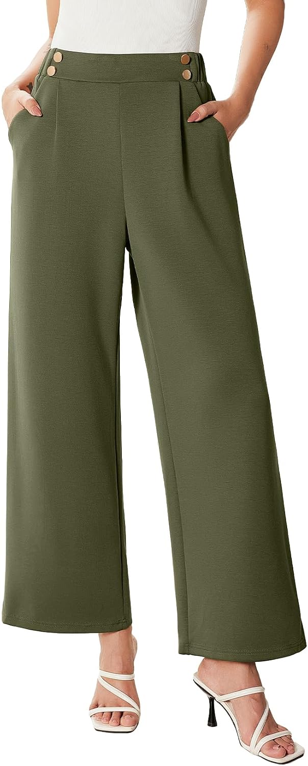 EVALESS Womens Wide Leg Work Pants Straight Elastic High Waisted Double Button Trousers Business Casual Pants with Pockets