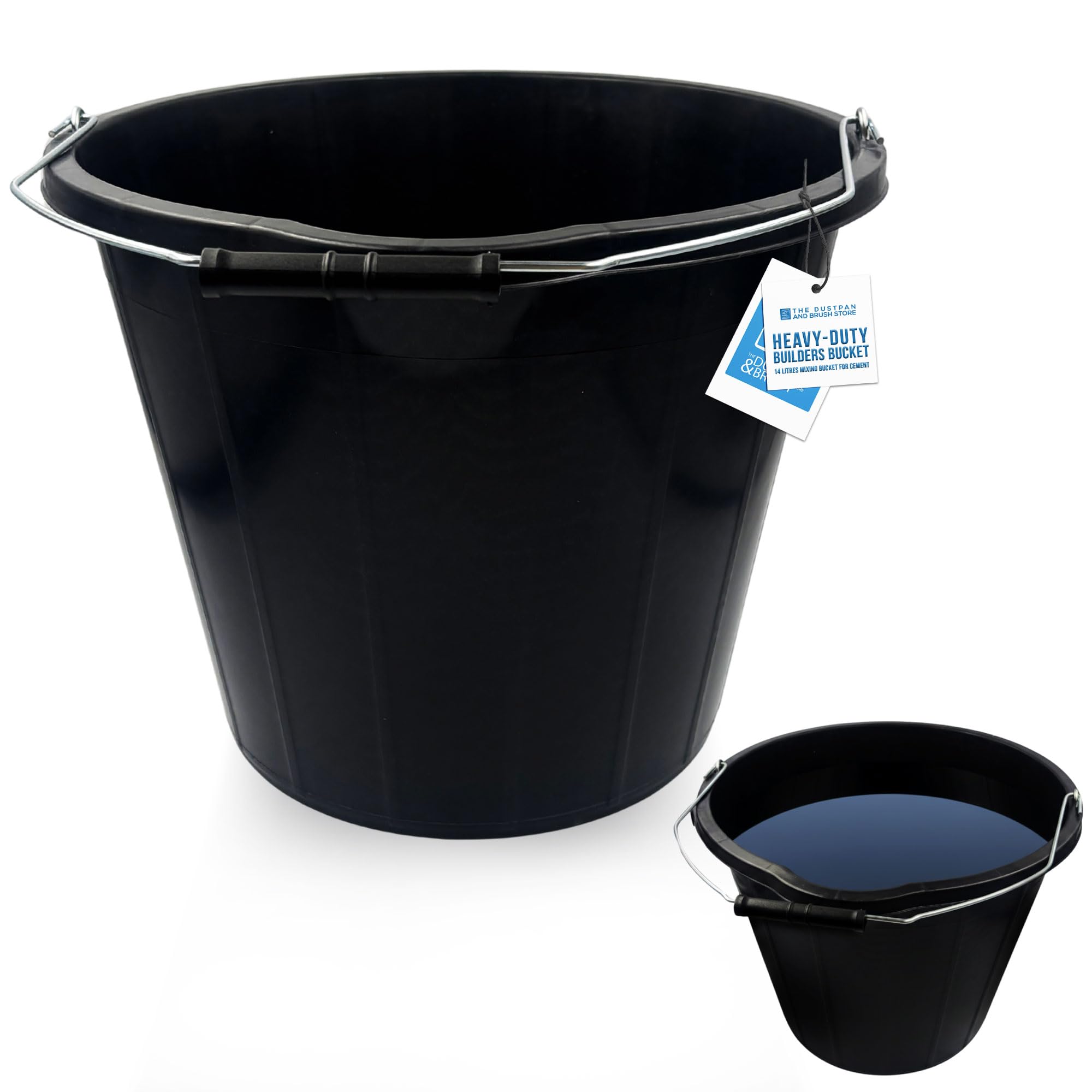 Tdbs The Dustpan And Brush Store Pack Of 1 Black Builders Bucket - Sturdy Plastic Buckets With Metal Handles - Black Car Wash Bucket With Spout For Mixing Cement, Cleaning, Car Wash, Gardening, Tools, Etc (Pack Of 1)