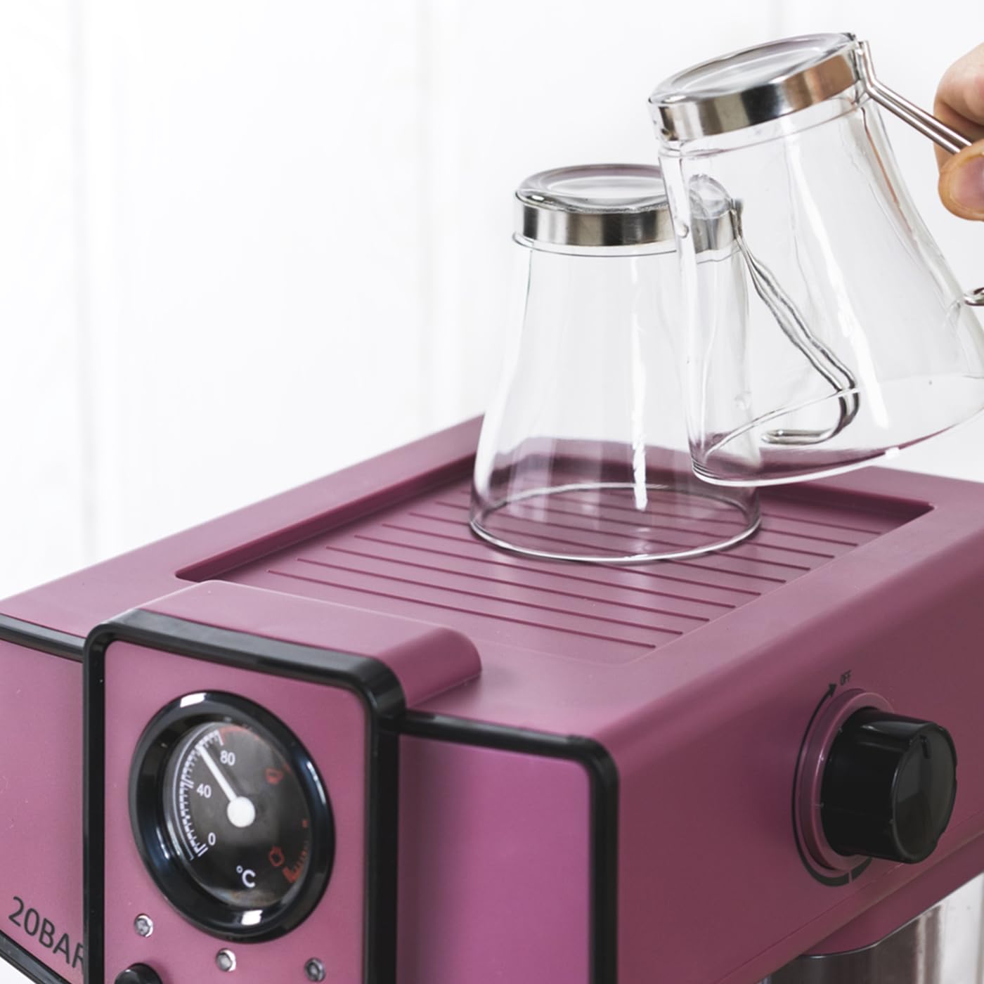 ECODE® Cafetera Express con 20 Bares de Presión y 1050 W, Vaporizador, Deposito de 1.5L, Calientatazas, Termometro, Brazo Doble Salida, Dosificador con Prensador, Mono/Doble dosis - Delice Purple