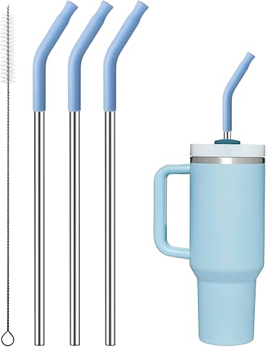 Pajitas de metal con punta de silicona para vaso de 40 onzas, popotes reutilizables de acero inoxidable para vaso Stanley de 40 onzas, 3 puntas