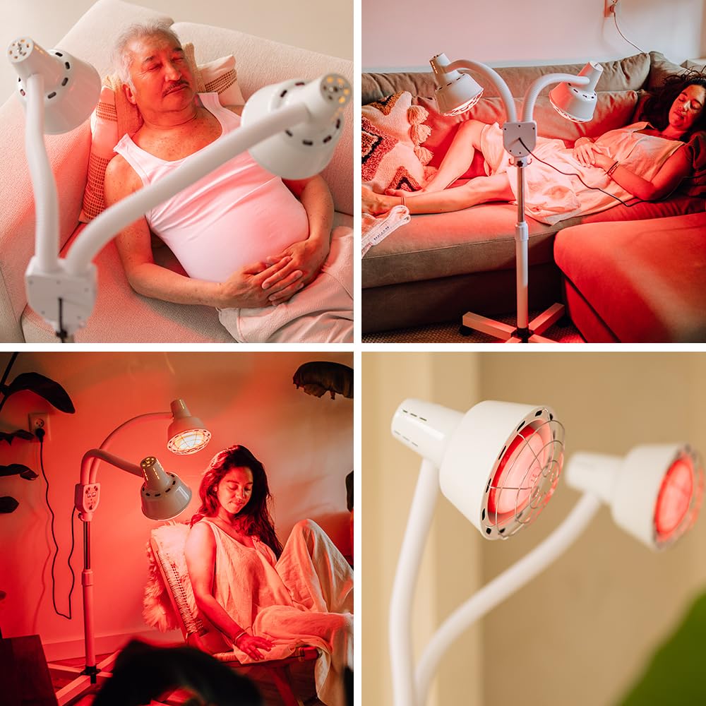 Infrarotlampe | Doppel – Rotlichtlampe 2 x 300Watt | Wärmelampe| Infrarotlichtlampe | 360° Verstellbar mit Rädern | Infrarottherapie | Rotlichtstrahler | IR-A | Kurzwellige Strahlung