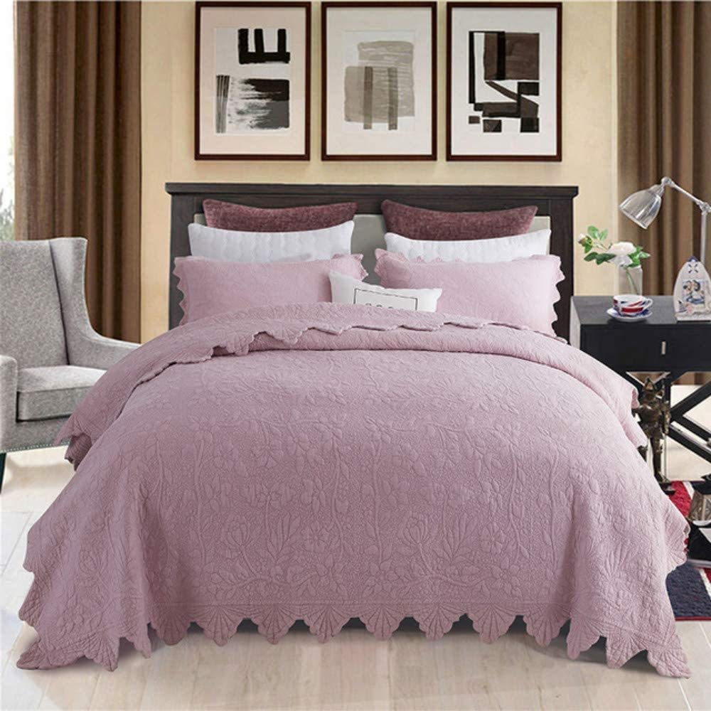 Scumlovy Quilted Cotton Bedspread Set King Size Lightweight Warm Embossing Comforter Quilt Bed Throws Coverlet, 3 Pieces Bedding with Bedspreads + 2 Pillow Shams,Pink-230x250cm