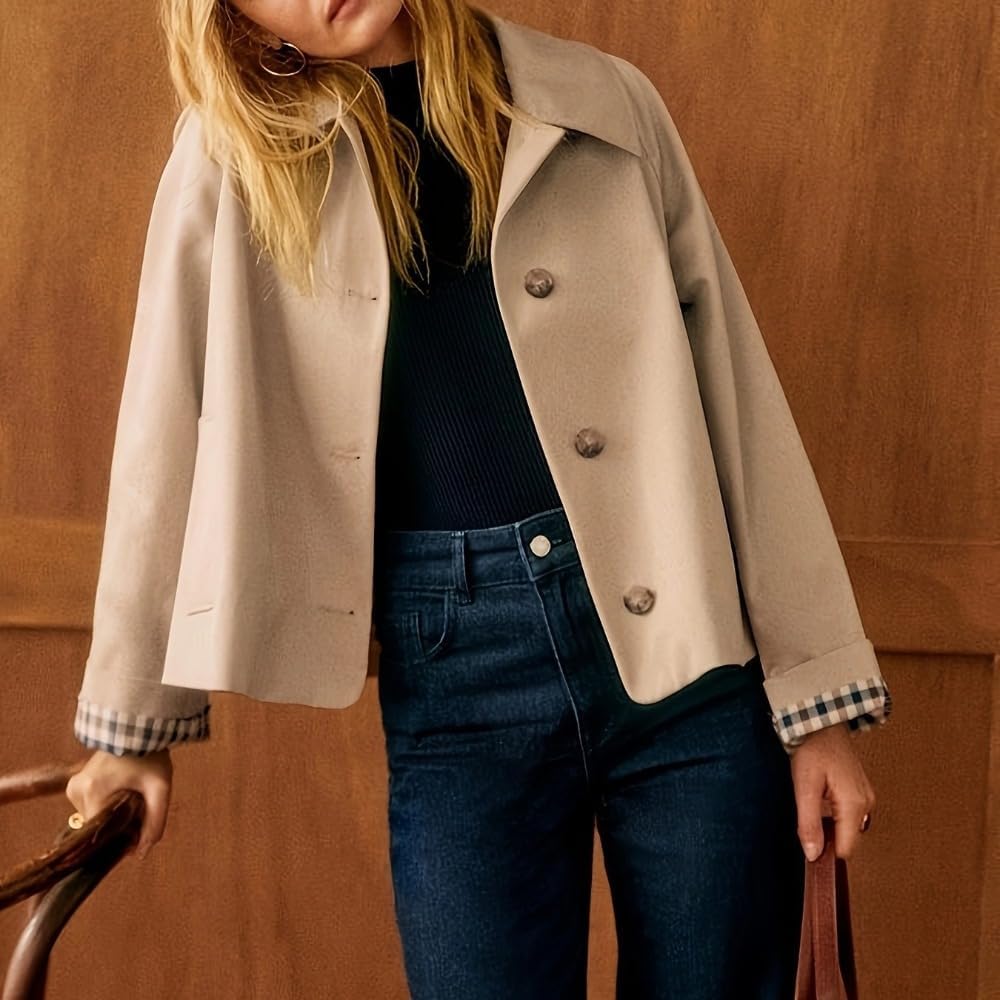 Cropped Trench Coat for Women Classic Lapel Collar Trendy Button Oversized Fall Casual Jackets Streetwear
