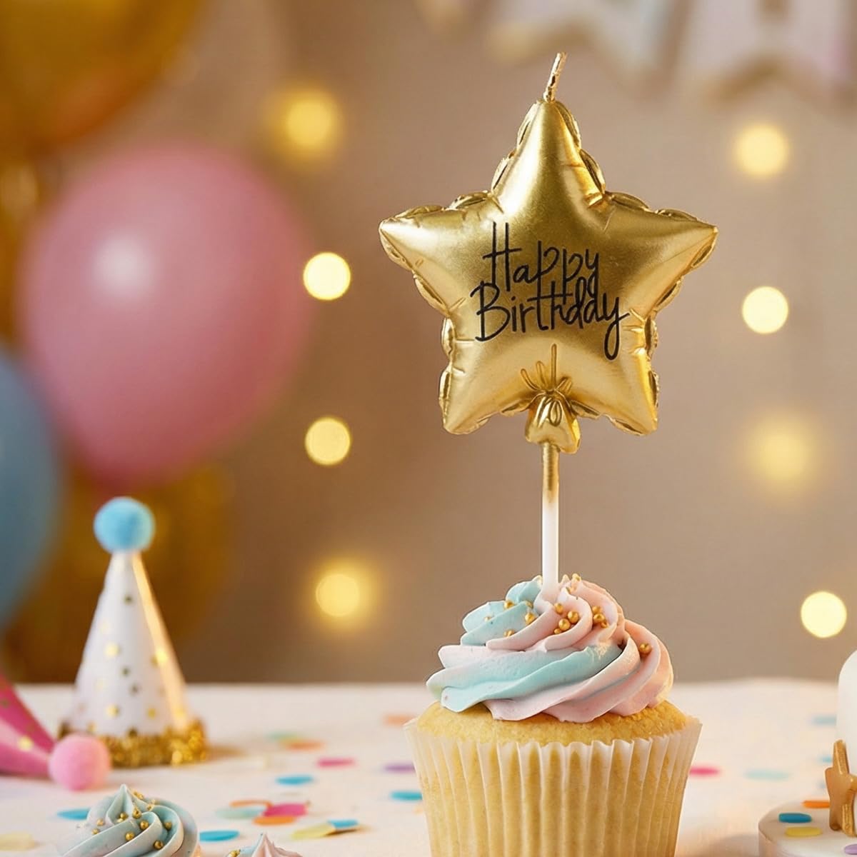 Inevitable Gold Celebration Candles Happy Birthday Candle, Star And Round Balloon Shape, 6.5X14cm, Wax Candle For Birthday Cake Decoration, Choose From 2 Assorted Designs (Star Balloon Shape)