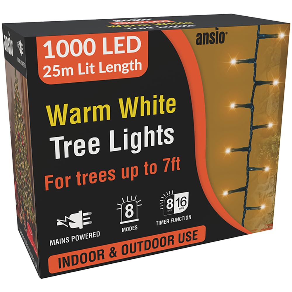 ANSIO® Christmas Lights 1000 LED 25m/82ft Cluster Compact Christmas Tree Lights for Indoor & Outdoor Warm White Decorations Fairy Lights with Timer
