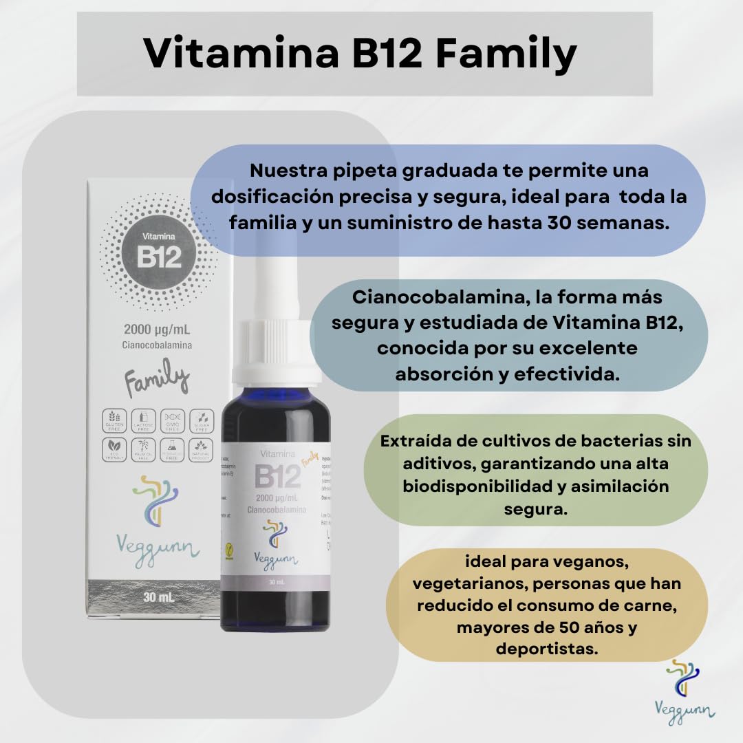 VEGGUNN - Vitamina B12 Familiy - Bote de 30 ml. Vitamina B12 Sublingual - 2000 mcg por mililitro, Natural, con Certificado Vegano - Vitaminas para el Cansancio con Suministro para 30 Semana