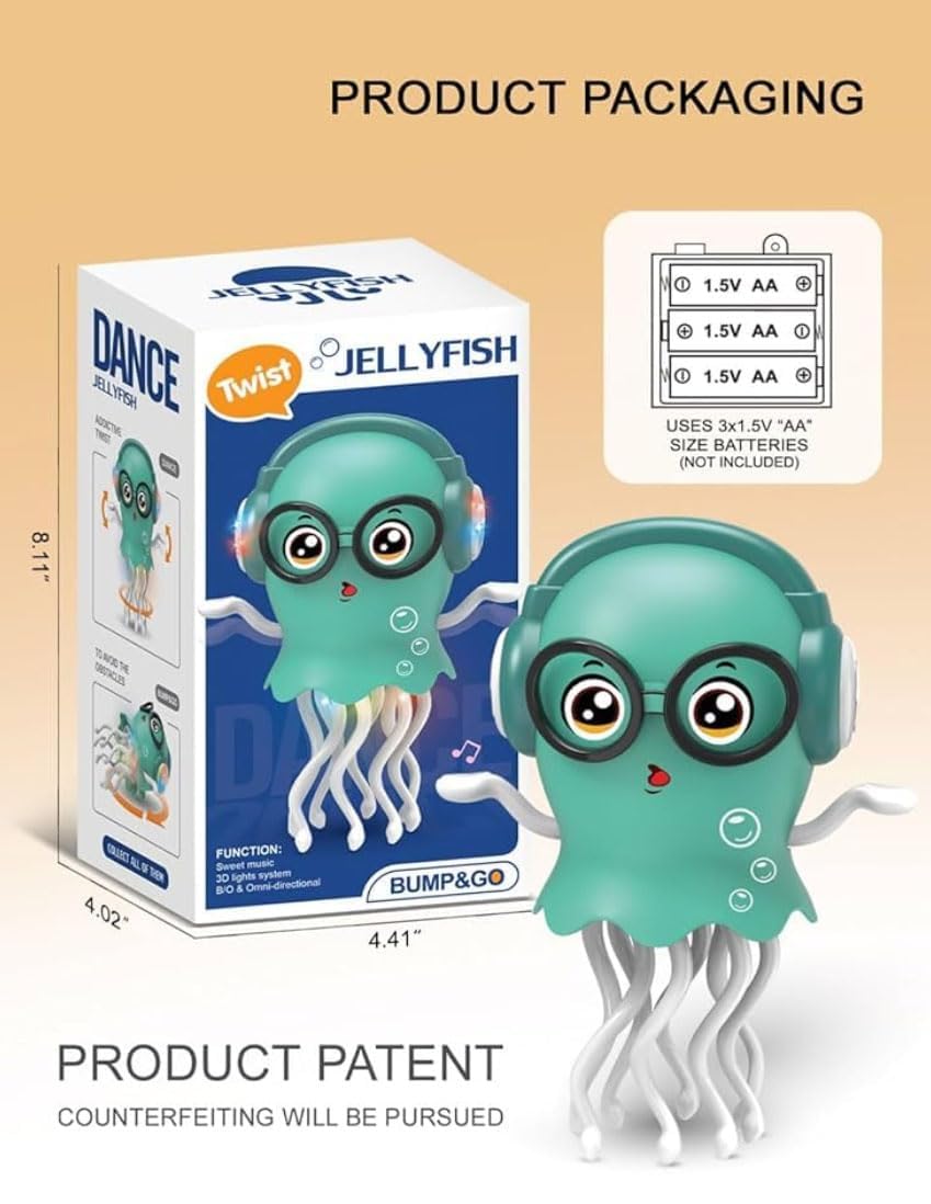 Dancing Jellyfish Toy with Music & Lights - Bump and Go Electric Octopus Toy with Headphones, LED Light Up Walking Sea Animal Toy for Kids Boys & Girls 4