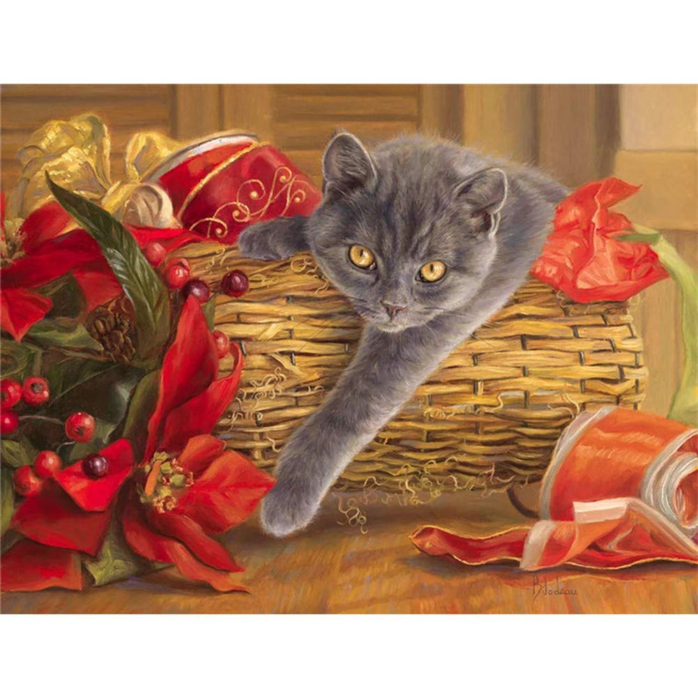 Broderie diamant chat gris kit complet strass cristal grand format 70x90
