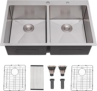 SHACO 33x22 Inch 50/50 Double Bowl Drop In Kitchen Sink 16 Gauge 33 Inch...