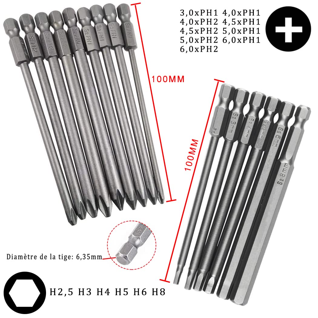 YUHIAKE 22 Embouts Longs Magnétiques 100 Mm + Porte-Embout – Torx, Hex, Phillips, PZ, Plat En Acier S2