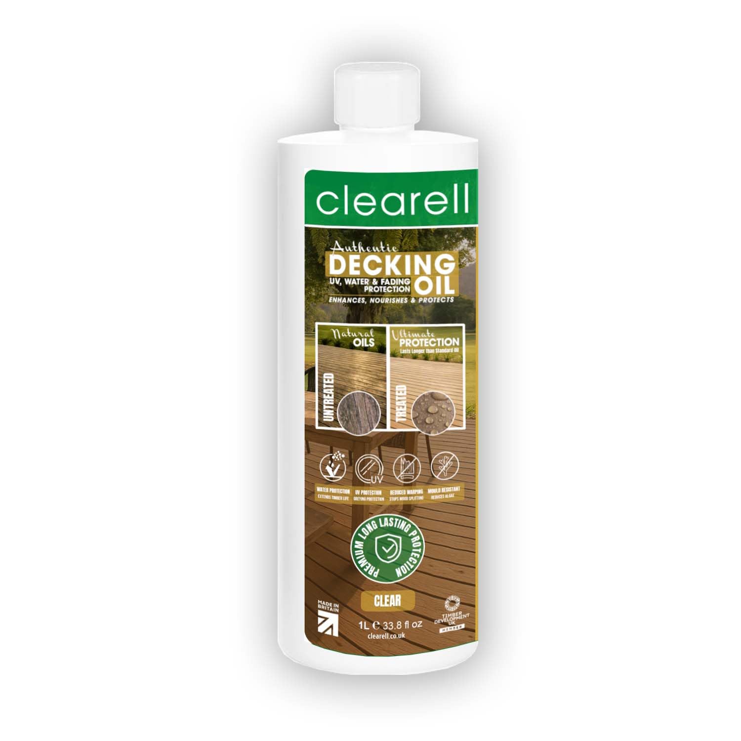 Clearell 1L | Decking Oil | Clear – Nourishes & UV Protects Outdoor Wood - Water Protection Sealer & Preserver Suitable for All Softwood & Hardwood Decking, Fences, Sheds & Furniture - 1 Litre