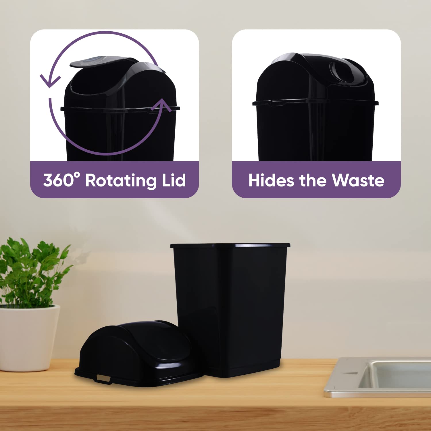 Superio Small 2.5 Gallon Plastic Trash Can with Swing Top Lid, Compact Slim Waste Bin for Under Desk, Office, Bedroom, Bathroom, Dorm Room, 10 Qt. Portable Garbage Can (Black, 2 Pack)