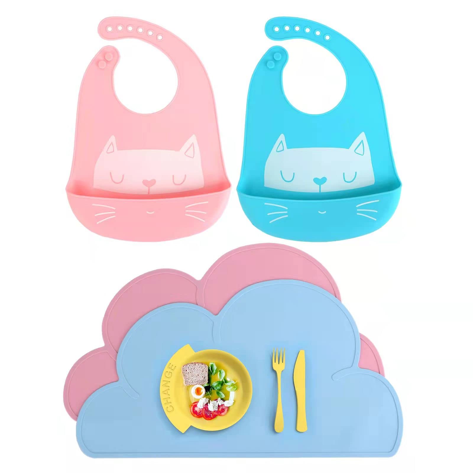 DEATPOYE Place Mats, Set of 4 Children's Placemats and Bib Set, 2 Silicone Coasters and 2 Bibs with Crumb Tray Set, Silicone Waterproof Cloud Coasters, Non-Slip Place Mats, Silicone Bibs