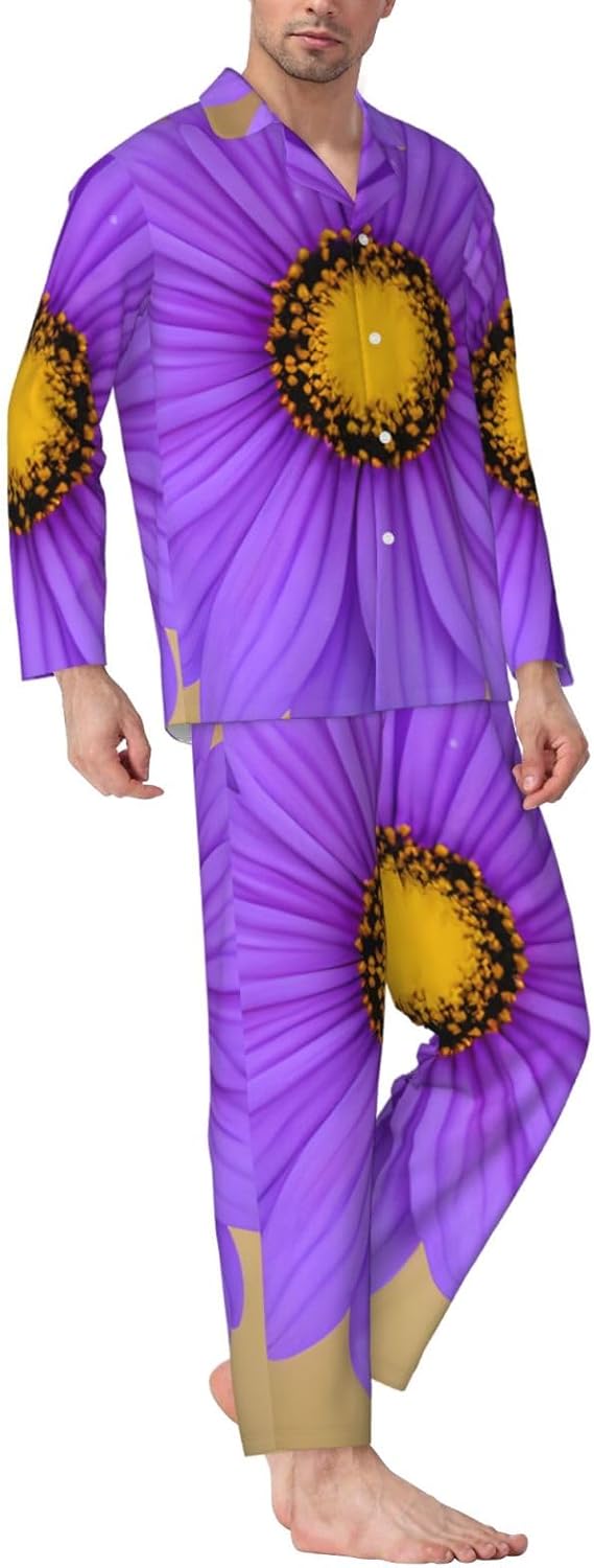 Purple Flower Print Luxurious Mens Pajamas Set,Breathable Pajamas Set,Perfect For Lounging Bed,Sofa