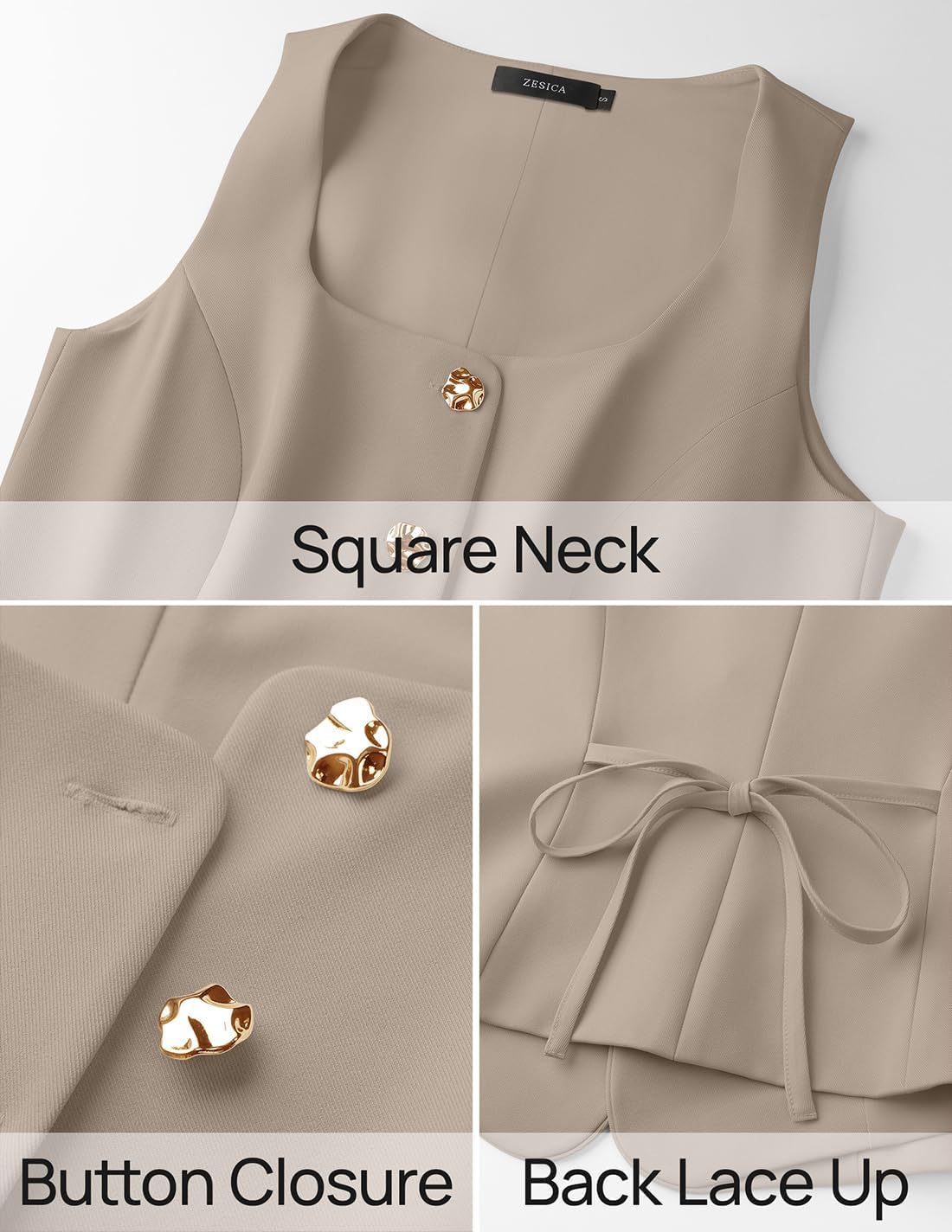 ZESICA 2026 Summer Casual Sleeveless Suit Vest for Women Square Neck Button Down Work Business Blazer Vests Waistcoat - Image 6