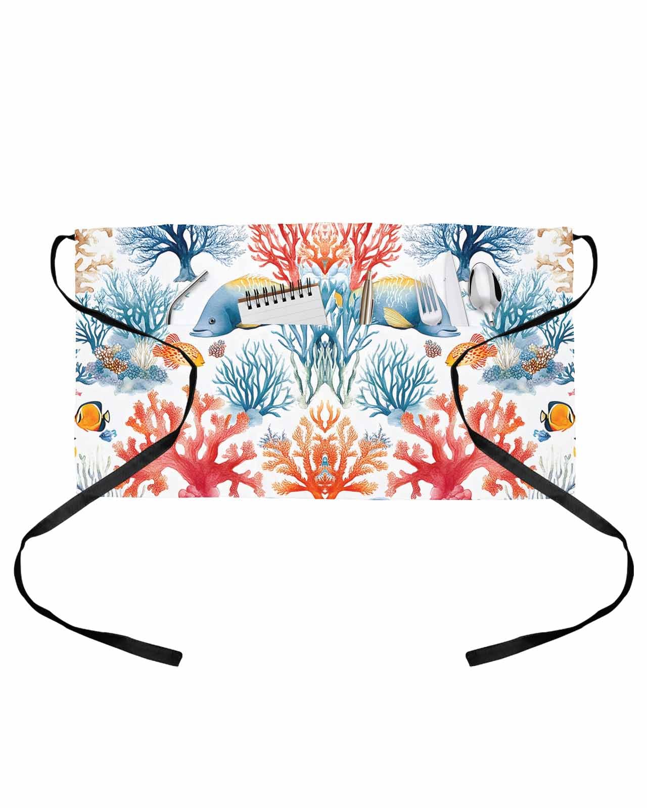 PIEPLE Red Blue Coral Coastal Server Apron Waitress Aprons with 3 Pockets, Nautical Summer Beach Fish Half Waist Waiter Aprons Restaurant Chef Aprons for Women Men